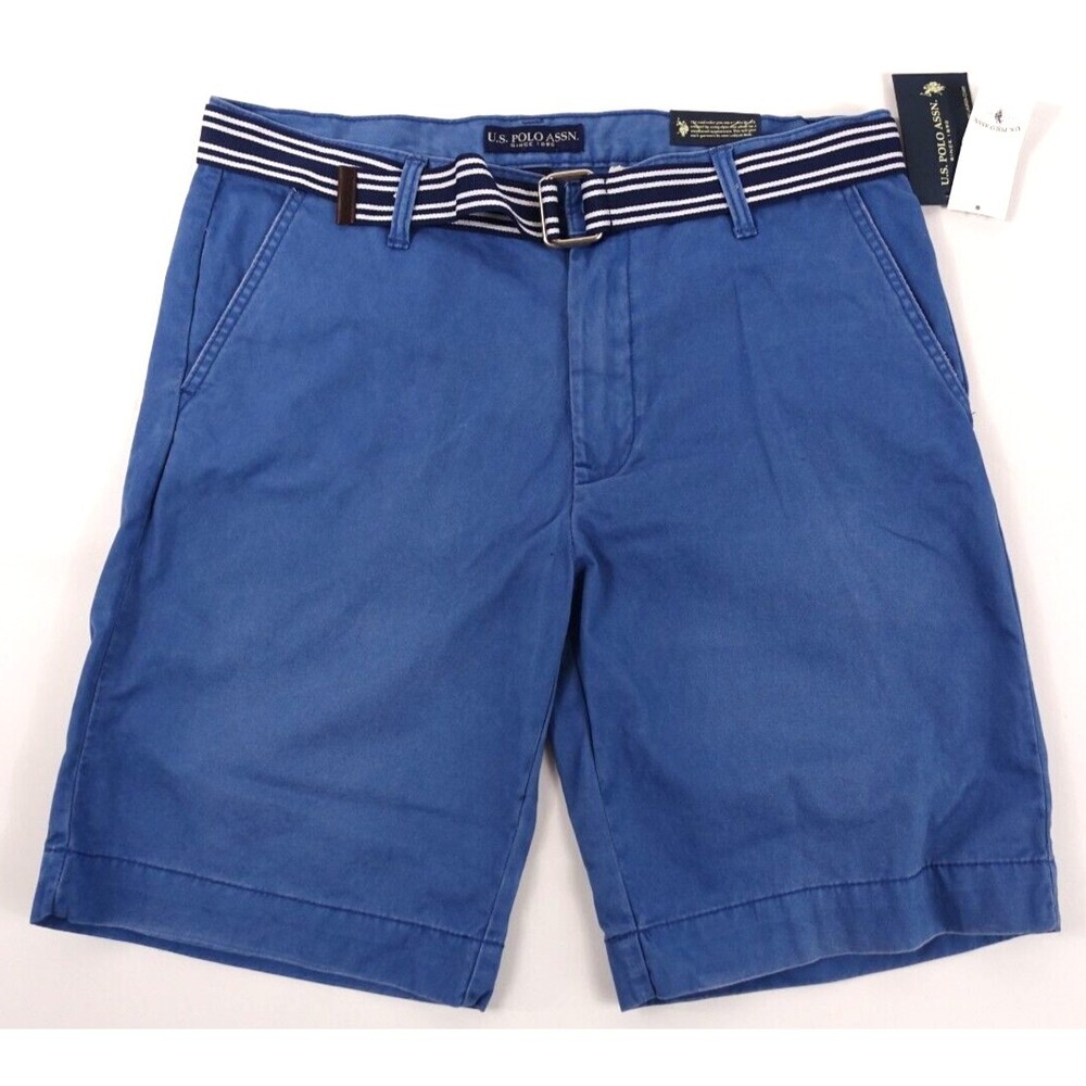 US Polo Assn Twill Shorts Men 34 Belted Worn Look Flat Front Cotton Blue
